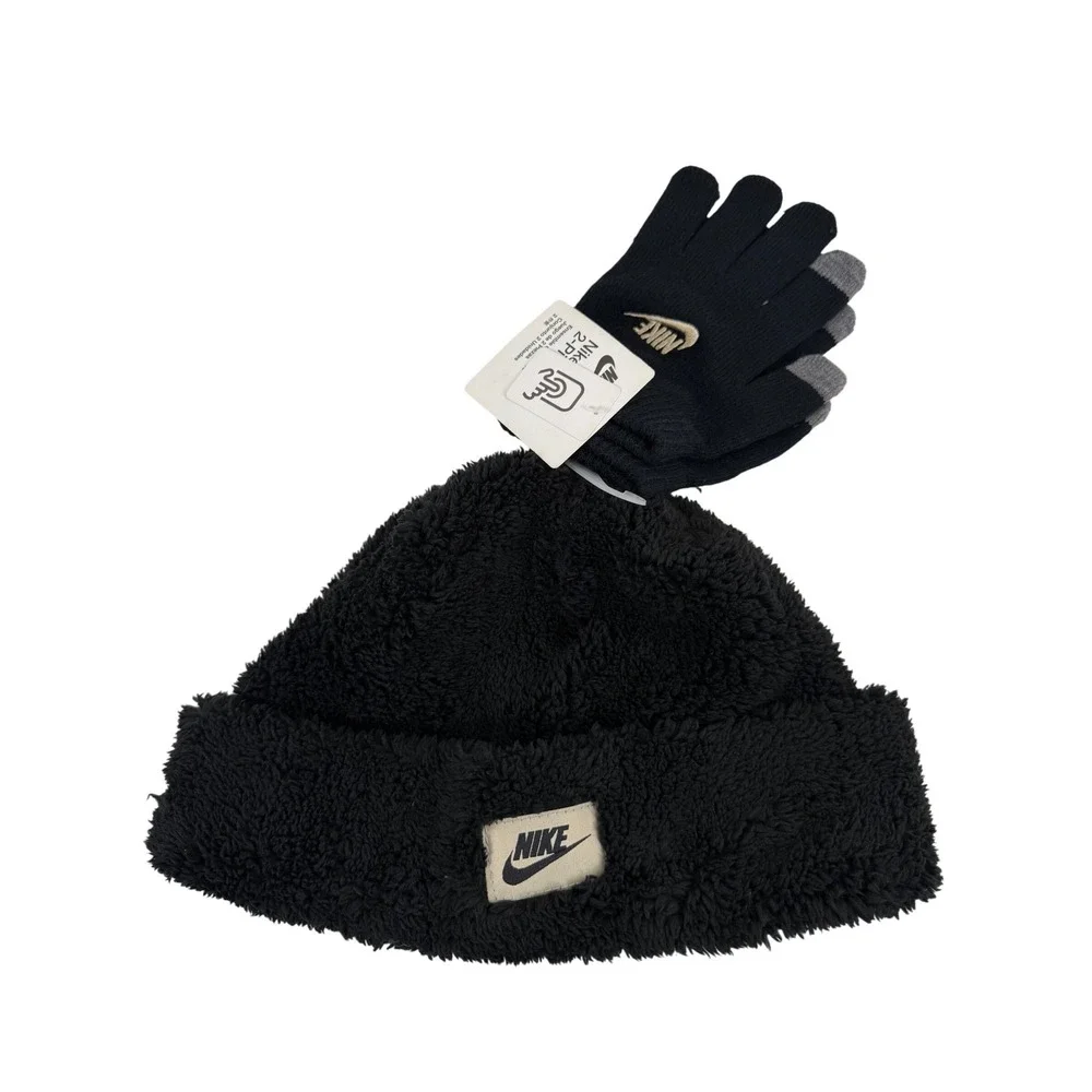 Nike Cozy Peak Kids Black Beanie Hat and Gloves Set Winter Warm‎ Unisex 2 PC SET